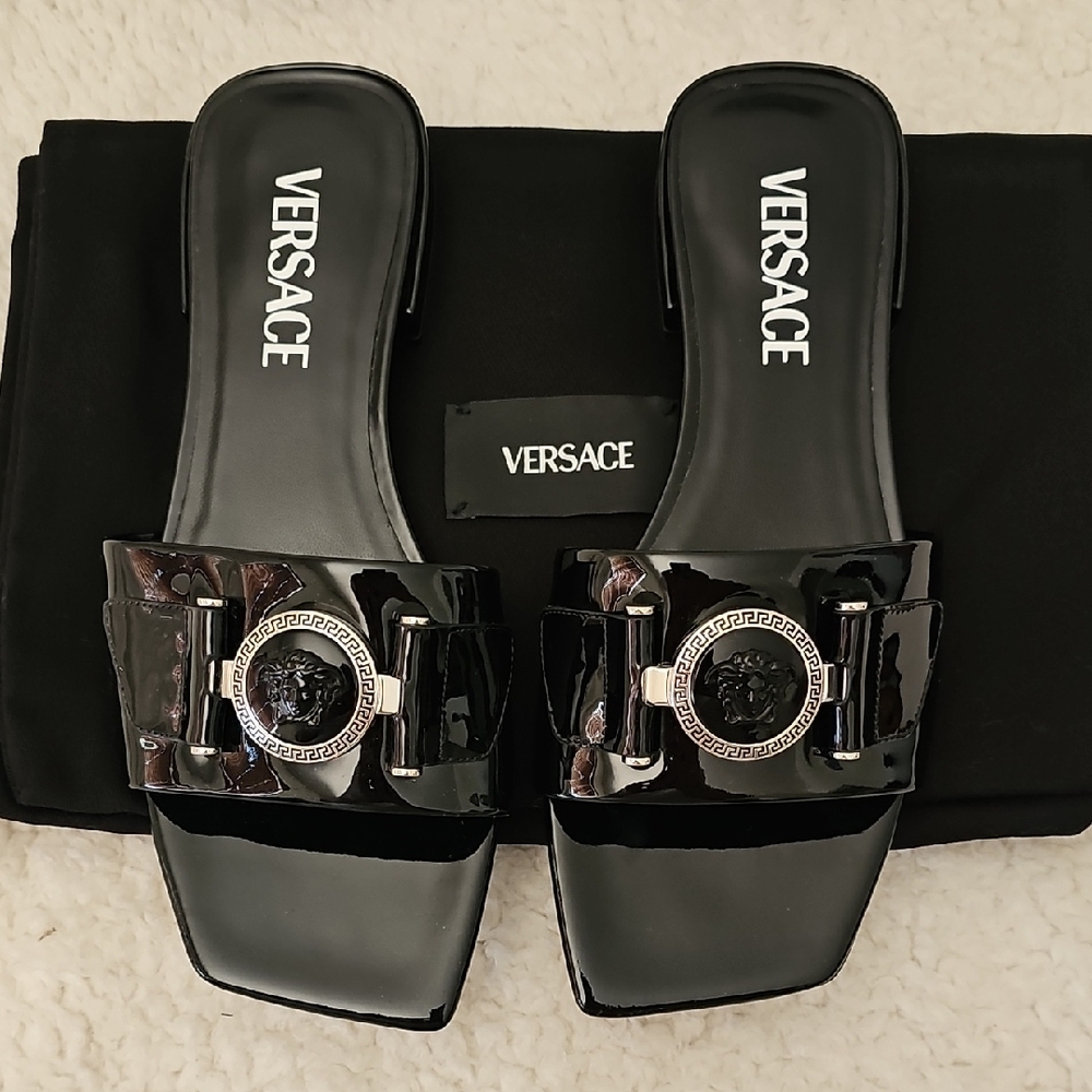 Versace Black Leather Sandals with Iconic Medallion
